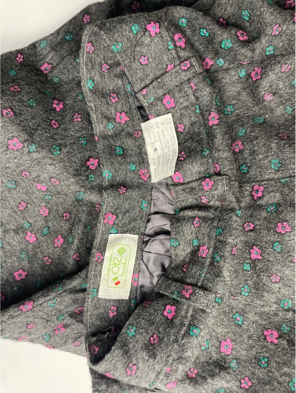 Vintage O2E by Benetton Girls Wool Blend Floral Pants Gray Pink Made Italy Sz 8